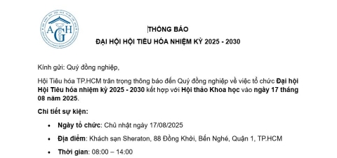 THÔNG BÁO TỔ CHỨC ĐẠI HỘI HỘI TIÊU HÓA NHIỆM KỲ 2025 - 2030